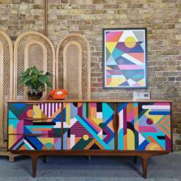 Made To Order, Artisan Crafted Mid-Century Sideboard Credenza, Custom Geometric Design, Hand-Painted Bespoke Home Decor - thumbnail 1