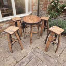 Oak Whiskey Barrel Bar Table & 4 Stools Set - Rustic Home Pub Shed Furniture - thumbnail 2