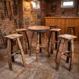 Oak Whiskey Barrel Bar Table & 4 Stools Set - Rustic Home Pub Shed Furniture - thumbnail 3