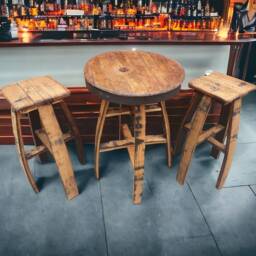 Oak Whiskey Barrel Bar Table & 4 Stools Set - Rustic Home Pub Shed Furniture - thumbnail 2