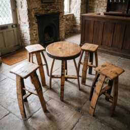 Oak Whiskey Barrel Bar Table & 4 Stools Set - Rustic Home Pub Shed Furniture - thumbnail 1