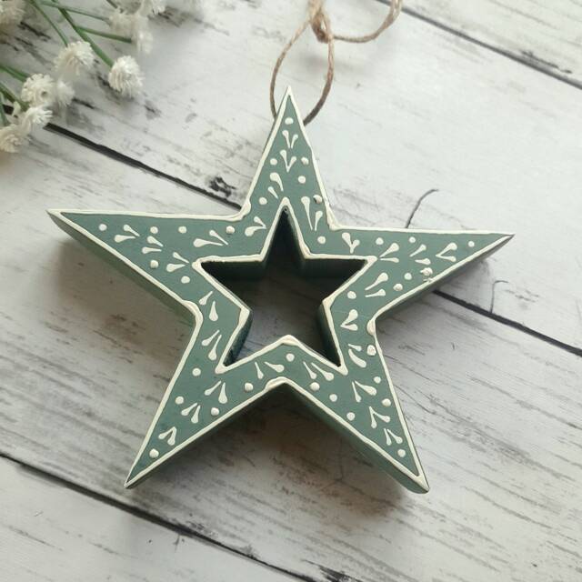 Mango Wood Green Patterned Hanging Star Decoration - The Home & Hearts Shop Rustic Wall Decor Shabby Wedding Gift Christmas - image 1