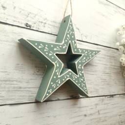 Mango Wood Green Patterned Hanging Star Decoration - The Home & Hearts Shop Rustic Wall Decor Shabby Wedding Gift Christmas - thumbnail 3