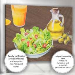 Fresh Garden Salad Olive Oil Watercolour Food Illustration Canvas Wall Art Print Decor Picture Ready To Hang - thumbnail 3