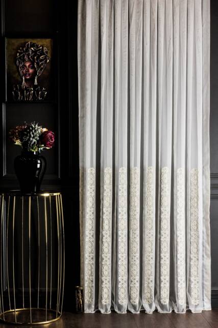 Embroidered Sheer Curtain Custom Tulle Panel, Gold & White - image 1