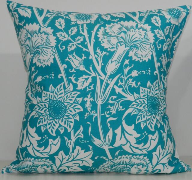 New 18x18 Inch Designer Handmade Pillow Case in Turquoise Floral On White