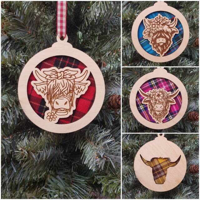Highland Cow & Tartan Christmas Tree Decoration Baubles - image 1