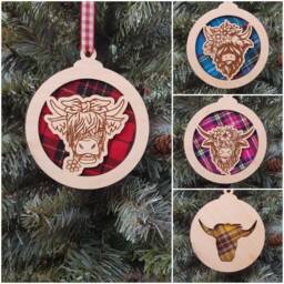 Highland Cow & Tartan Christmas Tree Decoration Baubles - thumbnail 1