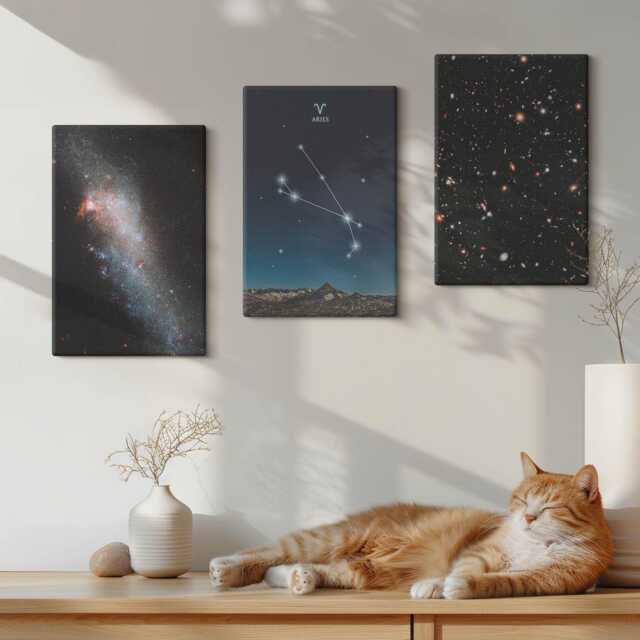 Canvas Art Set Of 3 - Cosmic Landscapes Galaxies & Aries Zodiac, Navy Large Wall Art, Space Astrology Hanging Piece - image 1