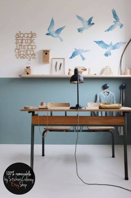 Birds Wall Decal, Kids Blue Decor, Reusable Nature Sticker, Peel & Stick Watercolor Removable #5W - image 1