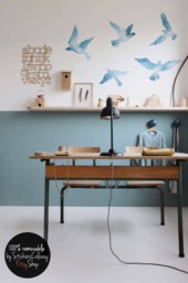 Birds Wall Decal, Kids Blue Decor, Reusable Nature Sticker, Peel & Stick Watercolor Removable #5W - thumbnail 1