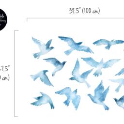 Birds Wall Decal, Kids Blue Decor, Reusable Nature Sticker, Peel & Stick Watercolor Removable #5W - thumbnail 2
