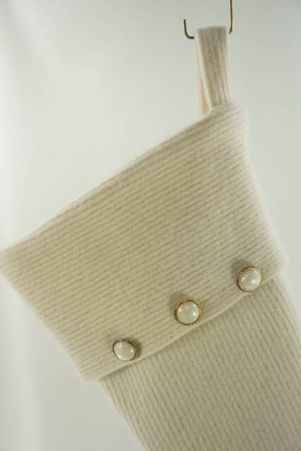Christmas Stocking Wool Felt Almond Off White Cream Ooak Faux Pearl Buttons Recycled Repurposed Sweater Upcycled 274 - image 1
