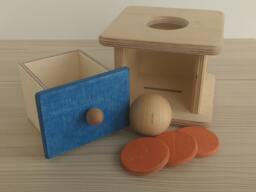 Montessori Imbucare Box With Ball & Coins, Wooden Baby Toy