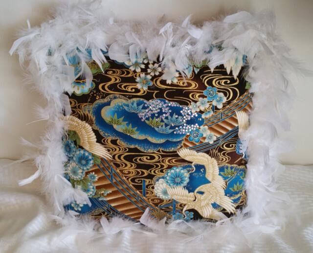 Feathered Blue Brown Throw Pillow Cranes Rhinestones Gold Fancy Decorative Accent Add A Splash Of Color - image 1
