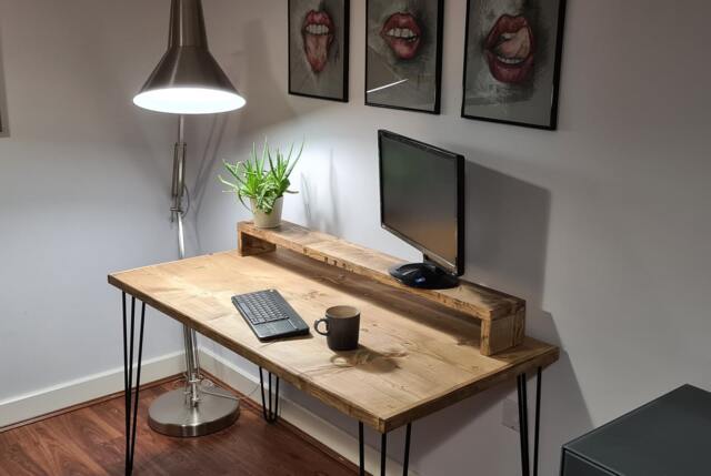 Rowlands Industrial Desk - Minimal Wooden Desk With Hairpin Legs, Work From Home Rustic Desk/Office Furniture With Monitor Shelf - image 1