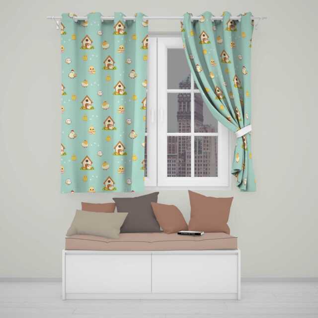 Cute Baby Chick Hen Coop Farm Teal Background Seamless Pattern Readymade Eyelet Ring Top Thermal 100% Blackout Curtains - image 1