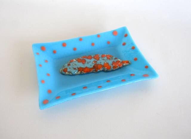 Glass Soap Dish Blue Orange Feather Large Soapdish Fused Art Studio Kiln Fired Bathroom Accessories Home Decor Dawn Of Creation - image 1