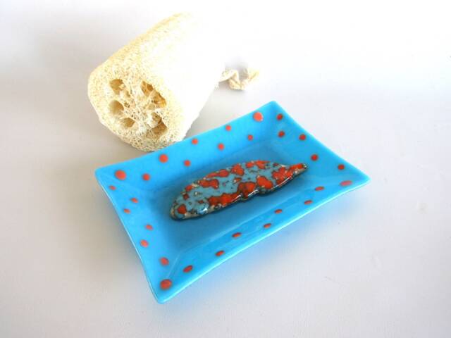 Glass Soap Dish Blue Orange Feather Large Soapdish Fused Art Studio Kiln Fired Bathroom Accessories Home Decor Dawn Of Creation - image 1