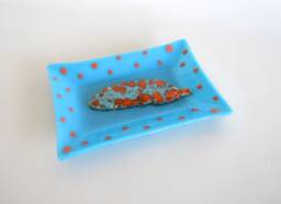 Glass Soap Dish Blue Orange Feather Large Soapdish Fused Art Studio Kiln Fired Bathroom Accessories Home Decor Dawn Of Creation