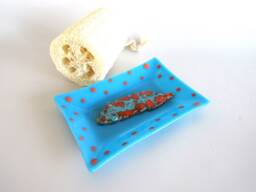 Glass Soap Dish Blue Orange Feather Large Soapdish Fused Art Studio Kiln Fired Bathroom Accessories Home Decor Dawn Of Creation - thumbnail 1