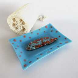 Glass Soap Dish Blue Orange Feather Large Soapdish Fused Art Studio Kiln Fired Bathroom Accessories Home Decor Dawn Of Creation - thumbnail 2