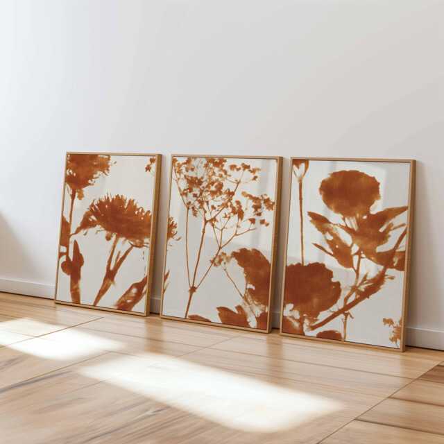 Rust Botanical Wall Art Set Of 3, Minimalist Terracotta Flower Silhouette Prints, Modern Nature Poster For Living Room Or Neutral Decor - image 1