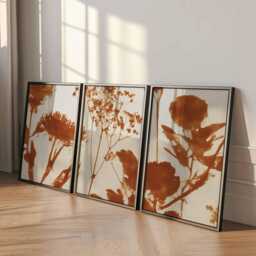 Rust Botanical Wall Art Set Of 3, Minimalist Terracotta Flower Silhouette Prints, Modern Nature Poster For Living Room Or Neutral Decor - thumbnail 2