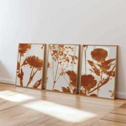 Rust Botanical Wall Art Set Of 3, Minimalist Terracotta Flower Silhouette Prints, Modern Nature Poster For Living Room Or Neutral Decor - thumbnail 1