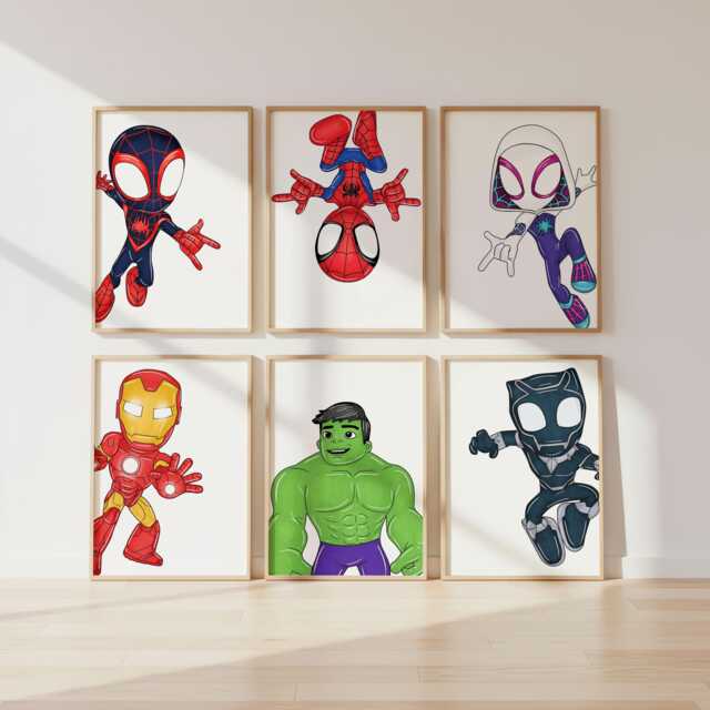 Web Heroes Kids Room Prints - Set Of 6, Superhero Wall Art, Printed Or Framed - image 1