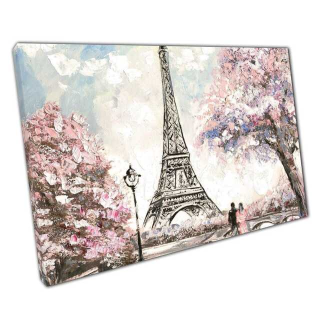 Romantic Paris Eiffel Tower Oil Painting Canvas Print Pink Foliage Landscape For Home & Office Decor - image 1
