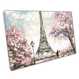 Romantic Paris Eiffel Tower Oil Painting Canvas Print Pink Foliage Landscape For Home & Office Decor - thumbnail 1