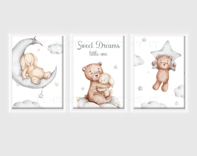Baby Nursery Teddy Bear Prints - A4 Or A3 Size Cloud Moon Stars Boy Girl Sweet Dreams Neutral Beige Natural - image 1