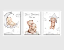 Baby Nursery Teddy Bear Prints - A4 Or A3 Size Cloud Moon Stars Boy Girl Sweet Dreams Neutral Beige Natural - thumbnail 1