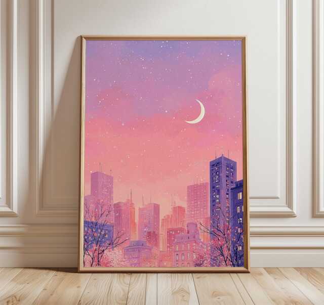 Lofi Cityscape Art Print, Pastel Pink Purple Wall Decor, Vaporwave Poster - image 1