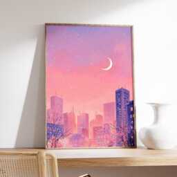 Lofi Cityscape Art Print, Pastel Pink Purple Wall Decor, Vaporwave Poster - thumbnail 2