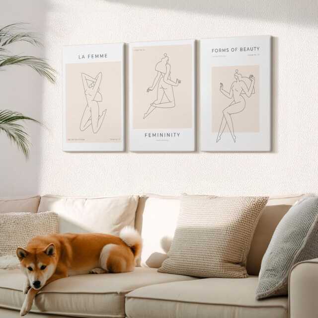 Canvas Set Of 3 Wall Art - Linear Silhouettes Women in Minimalist Posters, Beige Large Art, Artwork Hanging Piece - image 1