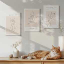 Canvas Set Of 3 Wall Art - Linear Silhouettes Women in Minimalist Posters, Beige Large Art, Artwork Hanging Piece - thumbnail 3
