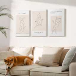Canvas Set Of 3 Wall Art - Linear Silhouettes Women in Minimalist Posters, Beige Large Art, Artwork Hanging Piece - thumbnail 1