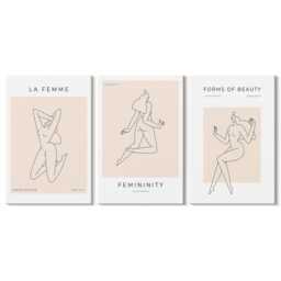 Canvas Set Of 3 Wall Art - Linear Silhouettes Women in Minimalist Posters, Beige Large Art, Artwork Hanging Piece - thumbnail 2
