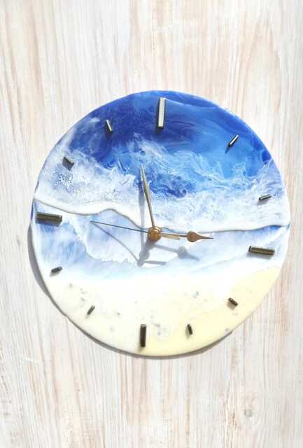Resin Ocean Waves Wall Clock Beach Wave Art, Gold Digits - 24cm Available Now - image 1