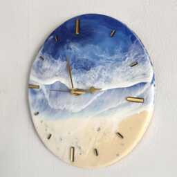 Resin Ocean Waves Wall Clock Beach Wave Art, Gold Digits - 24cm Available Now - thumbnail 2