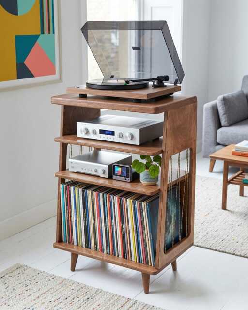 Mid Century Modern Record Player Table, Vinyl Records Storage, Plywood Turntable Stand - image 1