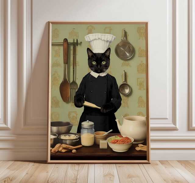 Chef Cat Poster, Funny Kitchen Wall Art, Black Cooking Print - image 1