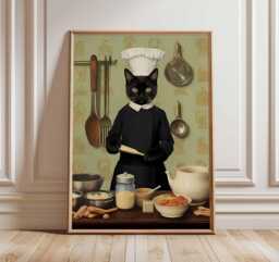 Chef Cat Poster, Funny Kitchen Wall Art, Black Cooking Print - thumbnail 1