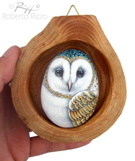 Barn Owl's Nest - Unique 3-D Art Totally Hand Painted By The Artist Roberto Rizzo Rock Owl - image 1