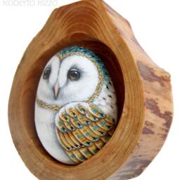 Barn Owl's Nest - Unique 3-D Art Totally Hand Painted By The Artist Roberto Rizzo Rock Owl - thumbnail 2