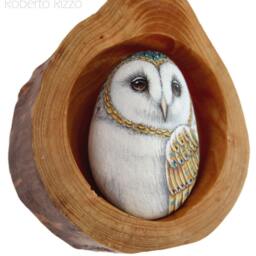 Barn Owl's Nest - Unique 3-D Art Totally Hand Painted By The Artist Roberto Rizzo Rock Owl - thumbnail 3
