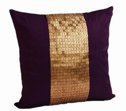 Dupioni Art Silk Covers, Purple Pillow Cover, Gold Color Block Sequin Cushion, Housewarming Gift, Beaded Pillow, Wedding Gifts - thumbnail 1