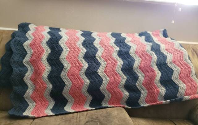 Blue, Pink, Gray Crochet Blanket. Throw Chevron Striped Rose. Mauve. Wedding Gift. Housewarming Gift - image 1